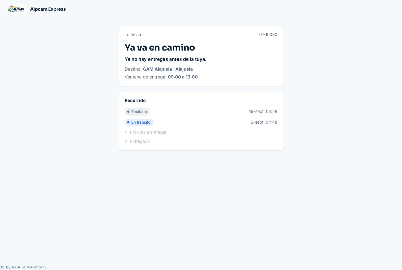 Página de seguimiento de un envío: estado, ventana de entrega y recorrido (datos de demostración).