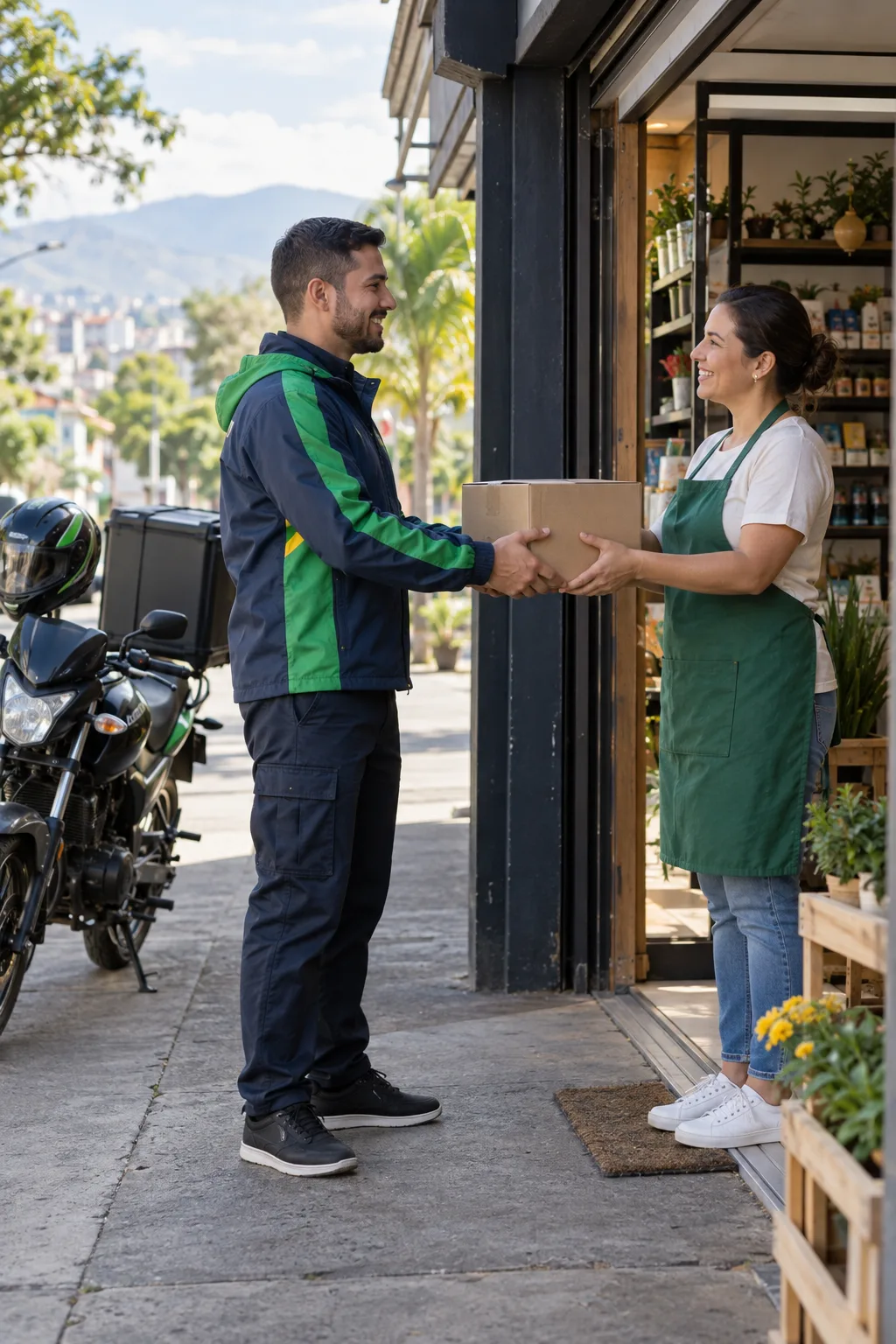 Escena ilustrativa de entrega de un paquete a un comercio.