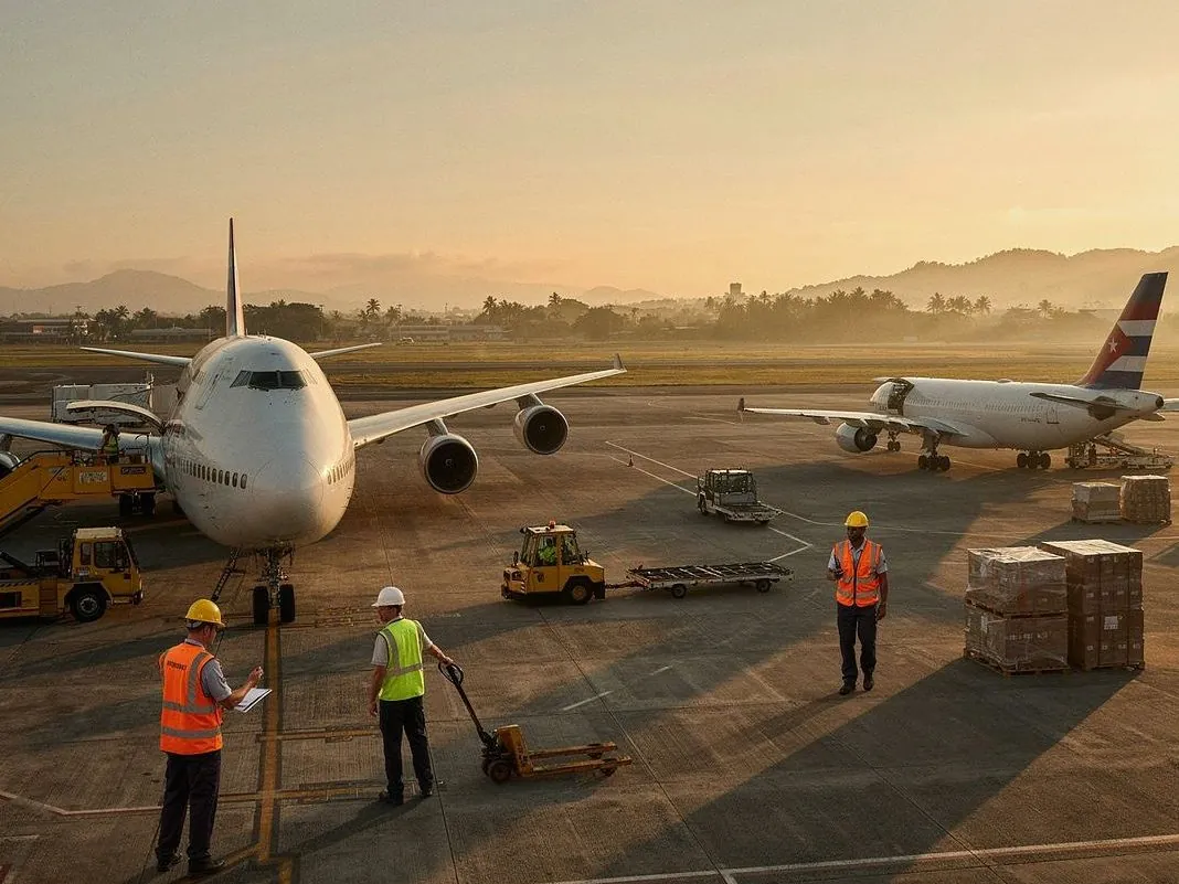 Escena ilustrativa de operarios junto a un avión en la plataforma de un aeropuerto.