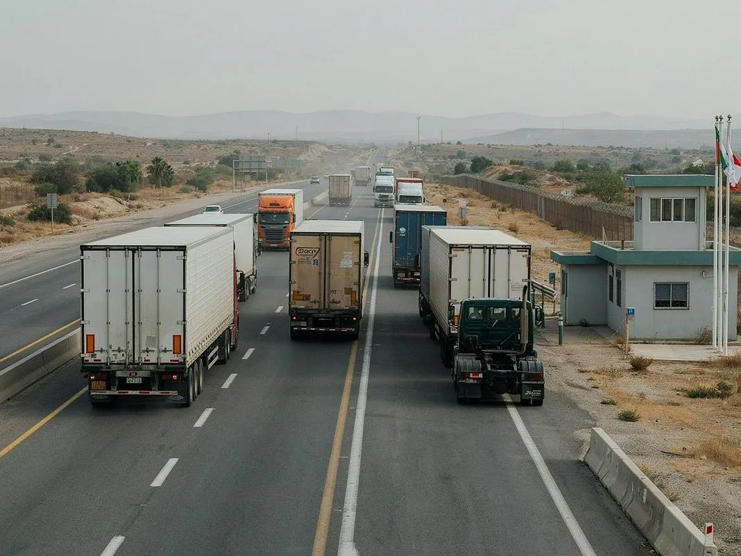 Escena ilustrativa de camiones de carga en una carretera hacia un paso fronterizo.