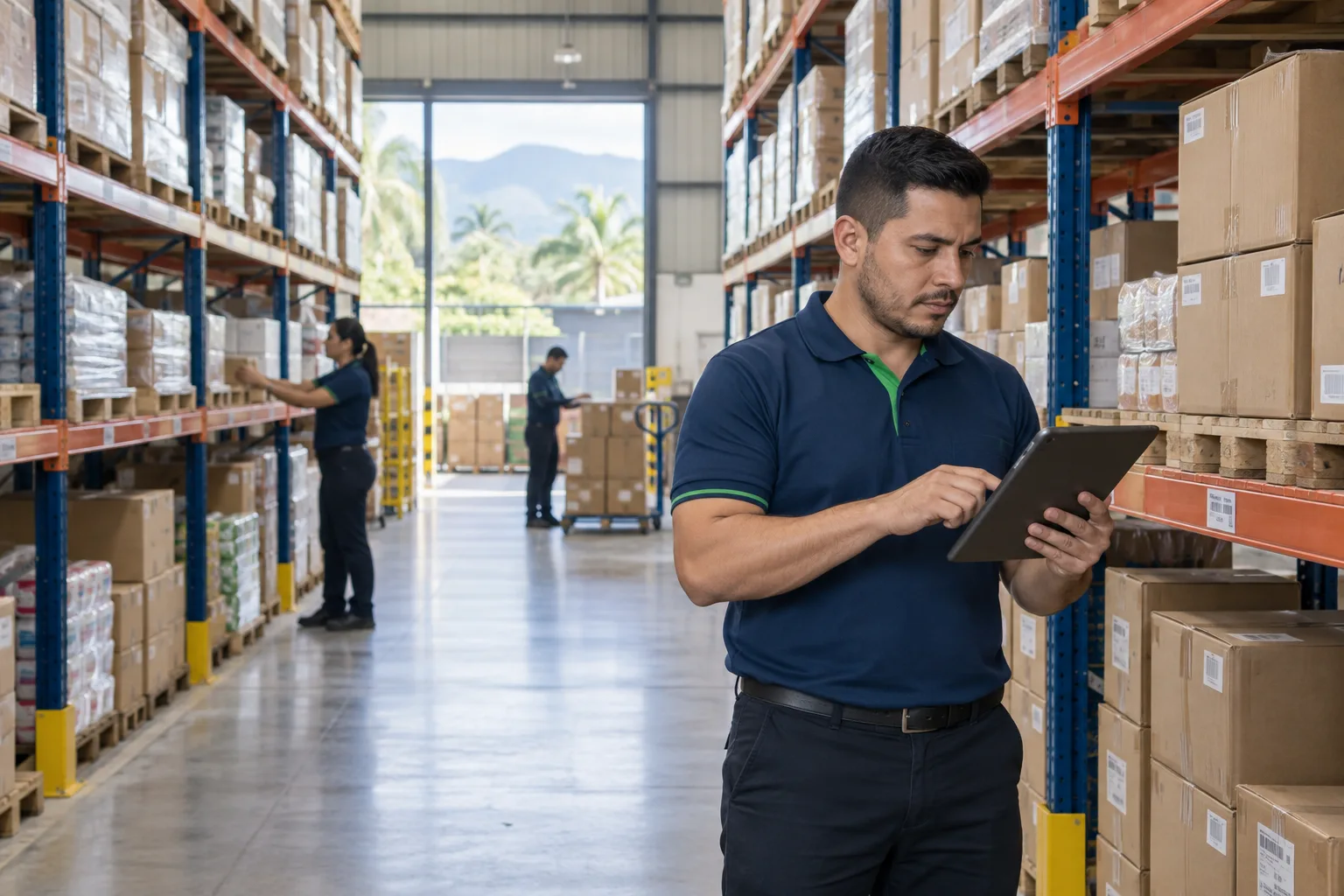 Escena ilustrativa de control de inventario en una bodega.
